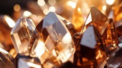 Dramatic close-up of shimmering amber crystals with sharp facets and golden lighting casting warm glows on the mineral formations - Powered by Adobe