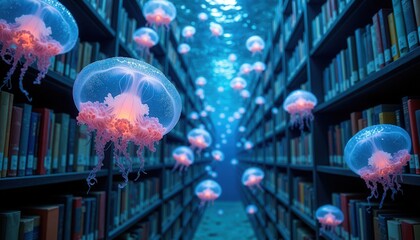 Obraz premium Jellyfish illuminating underwater library aisles