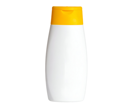 White bottle with yellow cap suitable for liquid products. Isolated transparent background