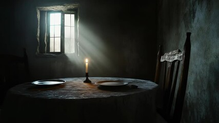 Dimly lit room featuring a table set for two with candlelight - Powered by Adobe