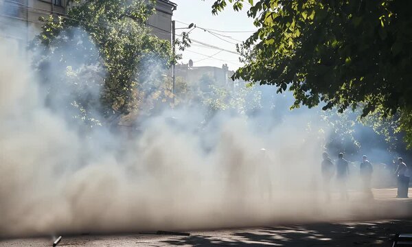 Smoke Filled Street with Police Officers Walking By Debris on a Bright Sunny Day with Trees and Buildings