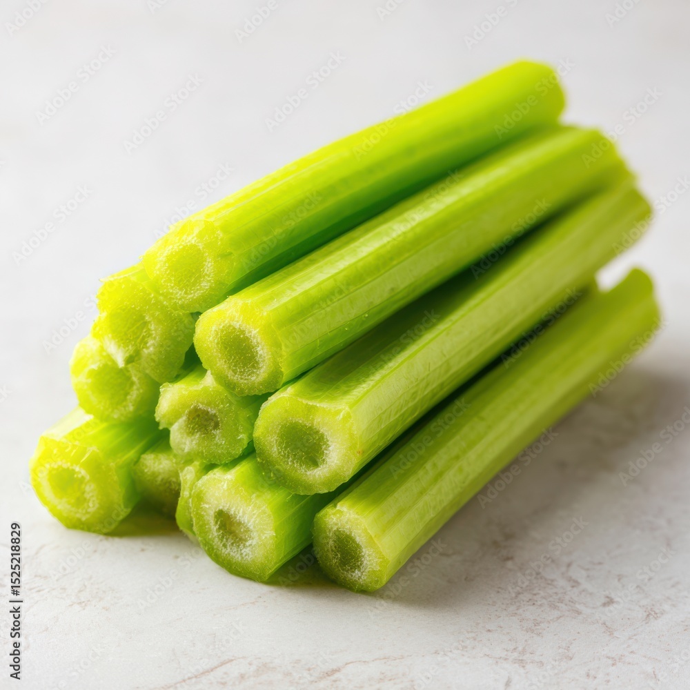 Poster stacked celery sticks create a refreshing display on a soft white tabletop for a healthy culinary in