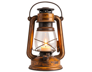 Antique lantern with flame on transparent background