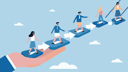People walking on arrow platforms held by a hand in a light blue sky background illustration
