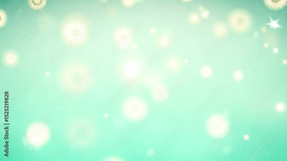 Poster soft dreamy background with teal and white floral bokeh lights, creating serene atmosphere of blurre