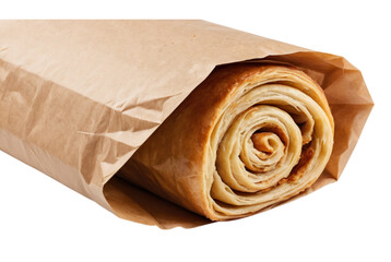 Spiral pastry partially wrapped in brown paper delightfully baked
