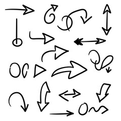 hand drawn pencil arrows. Doodle curved chalk darts. Vector set of different direction black arrows. Vector illustration