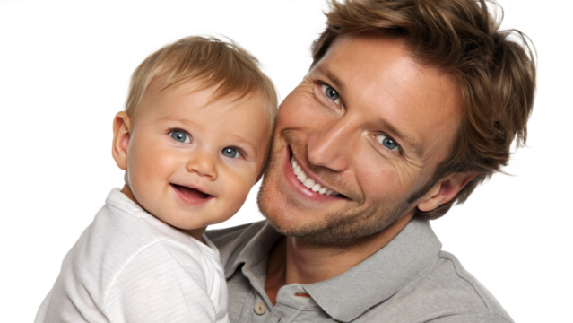 Hyper-realistic close-up of a smiling father holding his toddler, both looking at the camera, isolated on transparent background