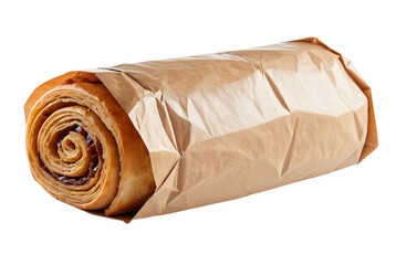 Spiral pastry partially wrapped in brown paper
