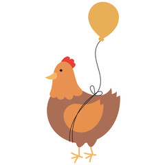 Cute Cartoon Chicken Holding Balloon in Flat Vector Style