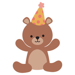 Cute Birthday Bear with Party Hat in Flat Cartoon Style