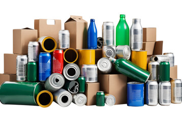 Stack of various recyclable materials including cans on display