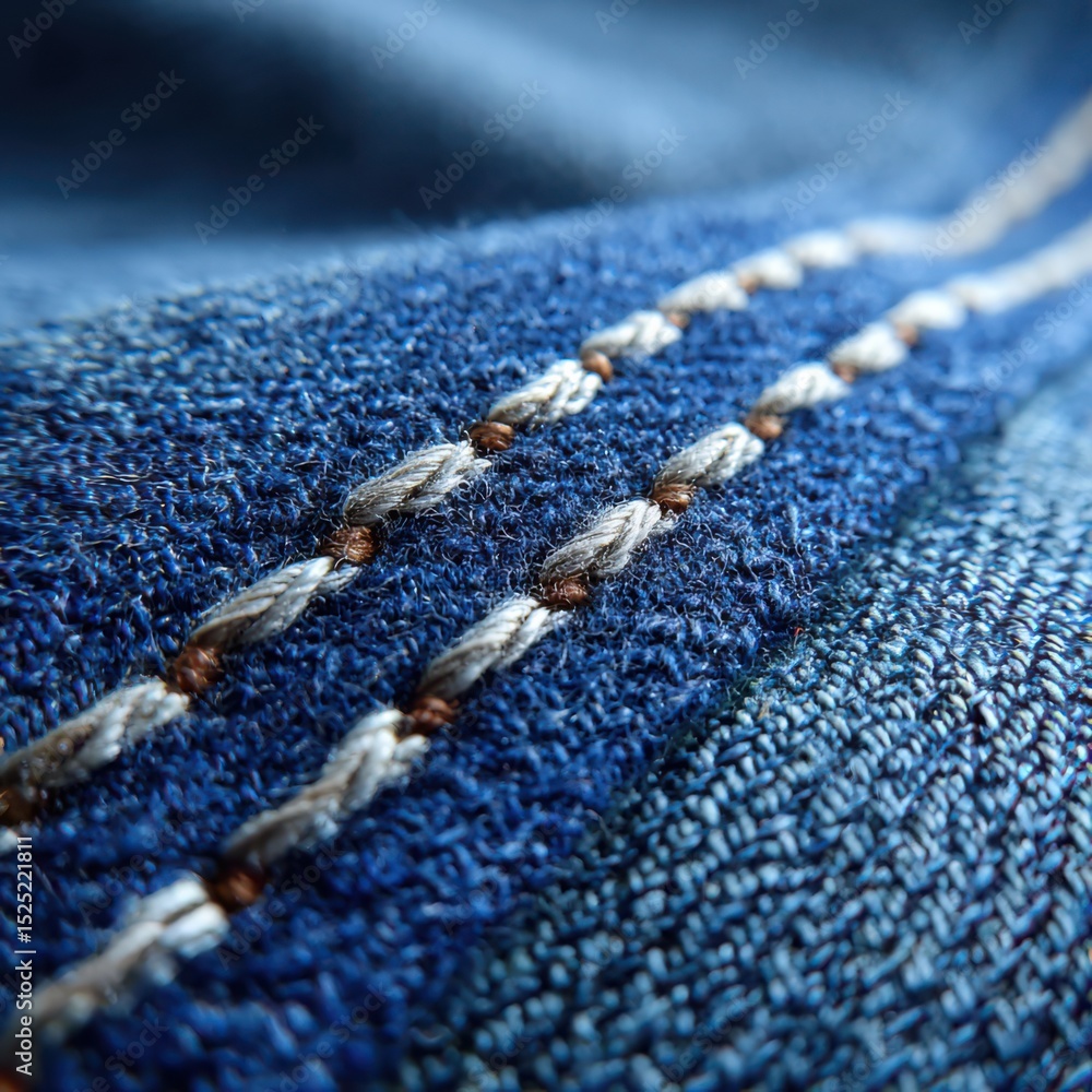Poster close view of intricate denim weave highlighting stitching and texture under soft light, showcasing 