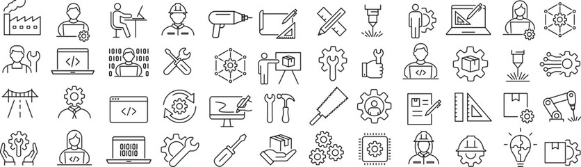 ベクターでモノクロのエンジニアリングに関する線画アイコンセット
