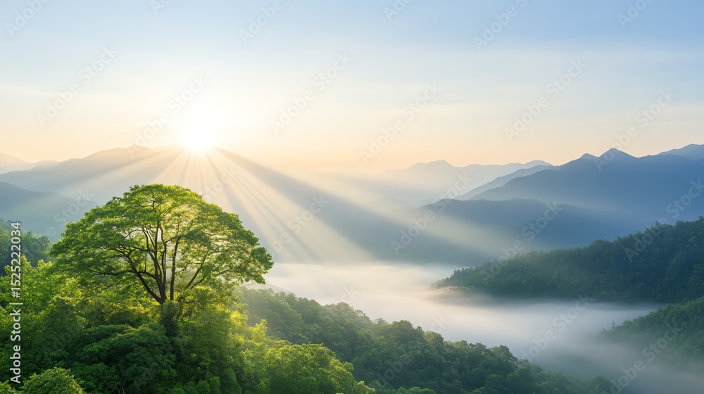 Poster a breathtaking view of mountains shrouded in mist, with sunlight streaming through the trees, creati