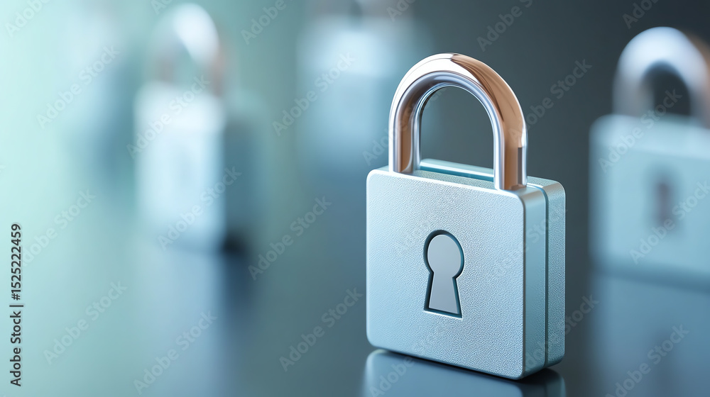 Poster a close-up of a metallic padlock against a blurred background, symbolizing security and protection i