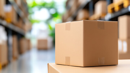 A close-up of a cardboard box in a warehouse setting, showcasing storage logistics and packaging in the modern industry.