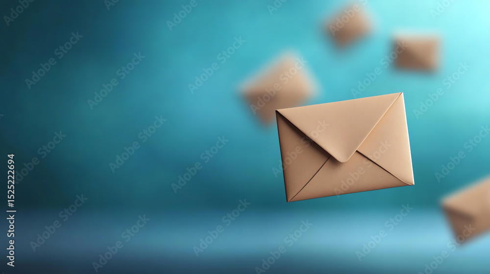 Poster a collection of floating envelopes on a blue background, symbolizing communication, mail, and online