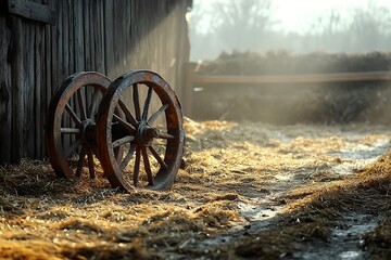 Fototapeta premium Vintage wooden cart resting on hay high resolution picture