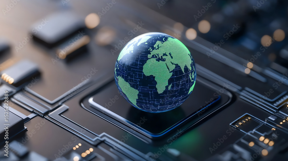 Poster a digital globe represents global connectivity over a microchip, symbolizing technology and innovati