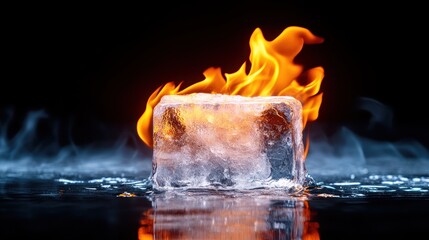 A striking image of an ice cube caught in flames, with vivid colors and smoke rising, symbolizing the clash between fire and ice in a dramatic and artistic manner.