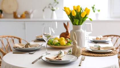 Easter table setting with spring tulips.