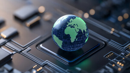 Fototapeta premium A digital globe represents global connectivity over a microchip, symbolizing technology and innovation in a modern world.
