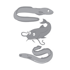 Fototapeta premium Cartoon Vector Illustration of Catfish and Eel – Cute Freshwater Fish in Flat Design for Kids and Education
