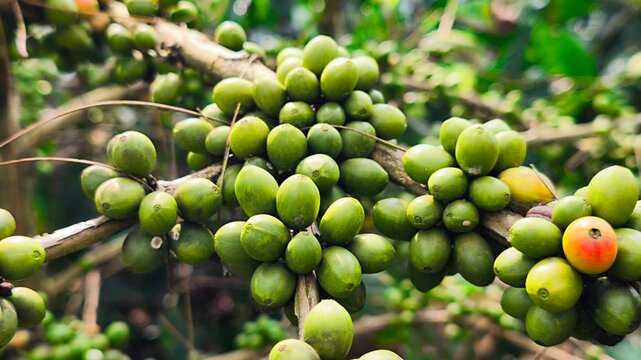 A coffee plants are dominated by unripe light green fruit some showing a hint of yellow or light green.