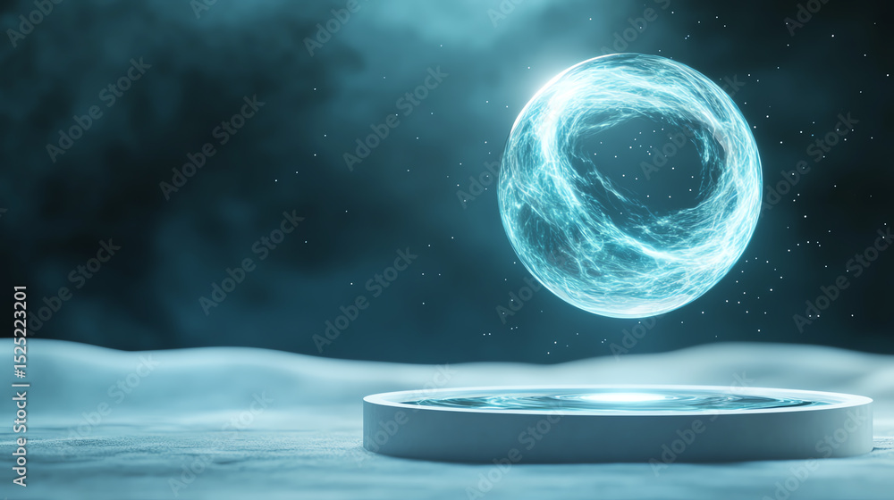 Poster a futuristic glowing orb suspended in the air, surrounded by a misty atmosphere, representing innova