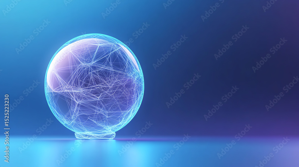 Poster a futuristic glowing sphere representing digital connections, set against a vibrant gradient backgro