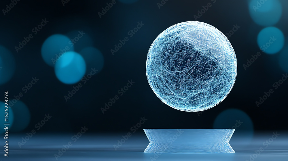 Poster a futuristic holographic sphere with intricate blue lines, representing advanced technology and inno