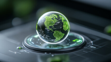 A futuristic globe showcasing a vibrant green Earth, symbolizing environmental awareness and sustainable innovation.