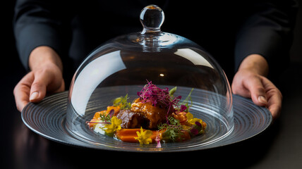 A high-end culinary presentation featuring a glass cloche dome covering a gourmet dish