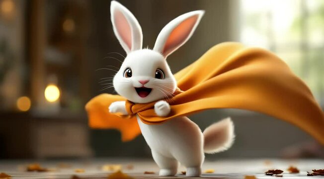 Adorable white bunny in orange cape autumn leaves