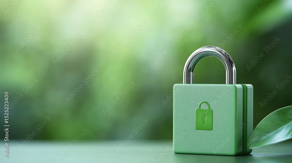 Poster a green padlock symbolizing security and privacy in a natural environment, reflecting the harmony be