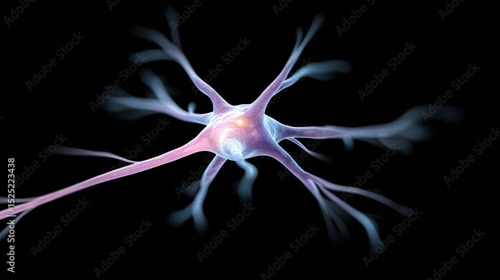 Poster a highly detailed and vibrant illustration of a neuron, showcasing its intricate structure and conne