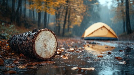 Large Cut Log on Rainy Camping Site Ground with Tent in Background and Wet Leaves Surrounding
