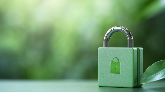 A green padlock symbolizing security and privacy in a natural environment, reflecting the harmony between technology and nature.