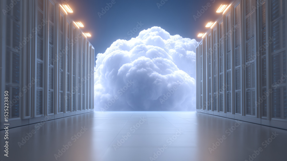 Poster A modern data center hallway leading to a fluffy cloud, symbolizing cloud computing and advanced technology infrastructure.