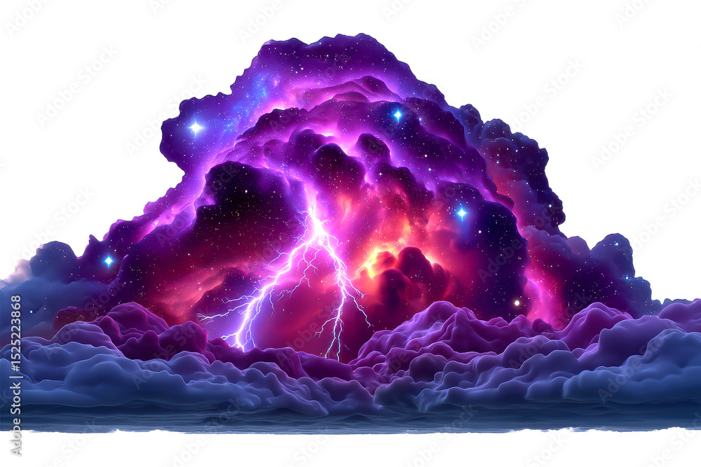 Poster dramatic lightning strikes through colorful cosmic cloud surreal environment isolated on transparent