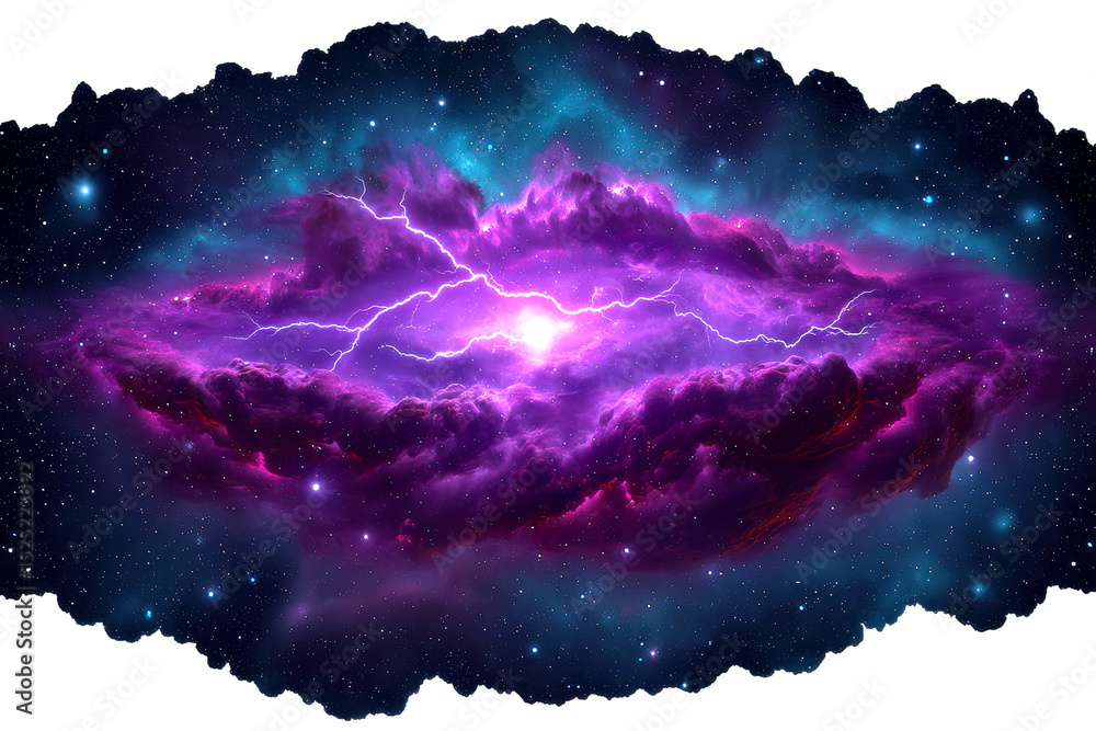 Poster cosmic thunderstorm displaying vibrant lightning over celestial clouds outer space isolated on trans