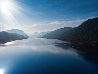 Aerial summer landscape of Lake Teletskoye in Altai Mountains