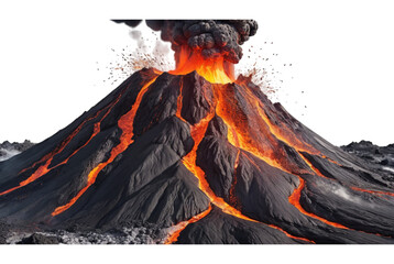 Stunning of an erupting volcano with flowing lava lighting sky