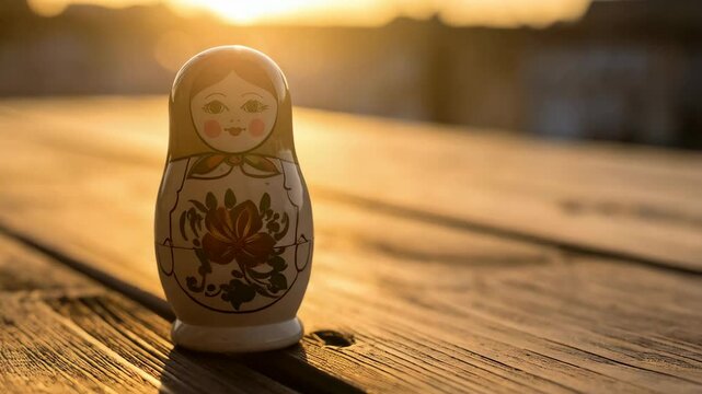Painted wooden nesting doll with floral decoration on a wooden table during golden hour sunset.