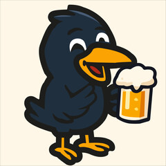 Winking crow mascot cheers with frothy beer mug in celebration