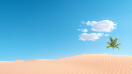 Fototapeta premium A serene desert landscape featuring a lone palm tree against a bright blue sky with soft clouds, evoking a sense of tranquility.
