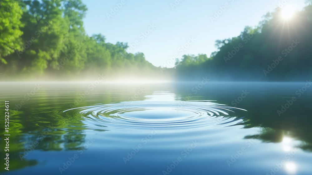 Poster a serene view of a tranquil river, with gentle ripples reflecting the sunlight and surrounded by lus