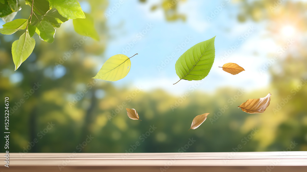 Aufkleber a serene view of leaves floating in the air against a blurred green background, capturing the essenc