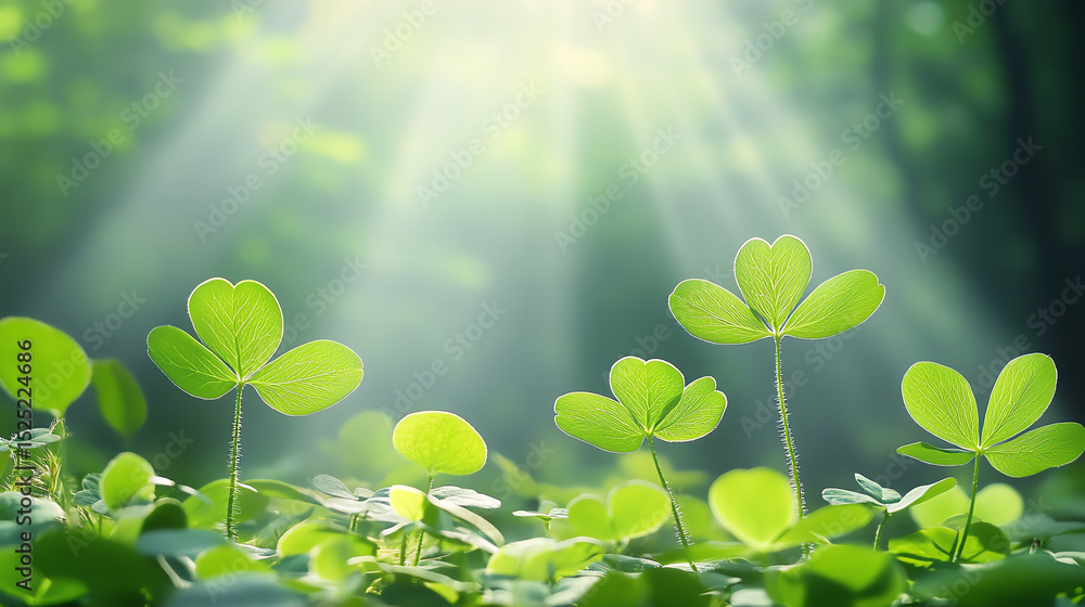 Poster a serene view of vibrant green leaves basking in soft sunlight, creating a tranquil atmosphere in na